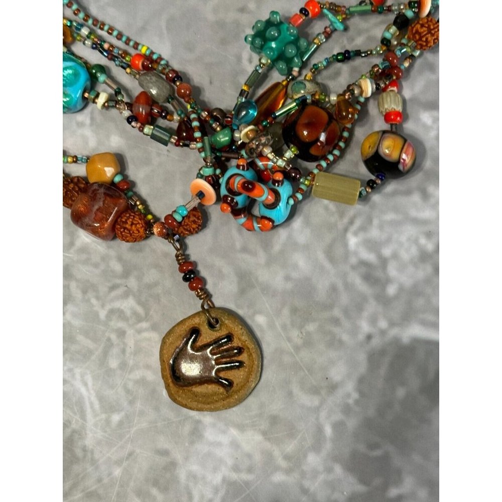 Vintage Multistrand Lampwork Veneitan Murano Beaded Necklace w/Hamsa Talisman - Picture 7 of 11